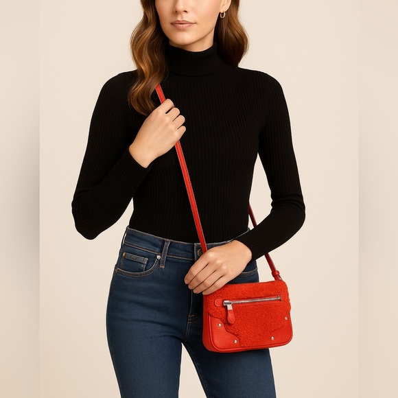 Coach Red Pebbled Leather Shearling Wool & Crossbody Nickel EXCELLENT Purse - Picture 1 of 13